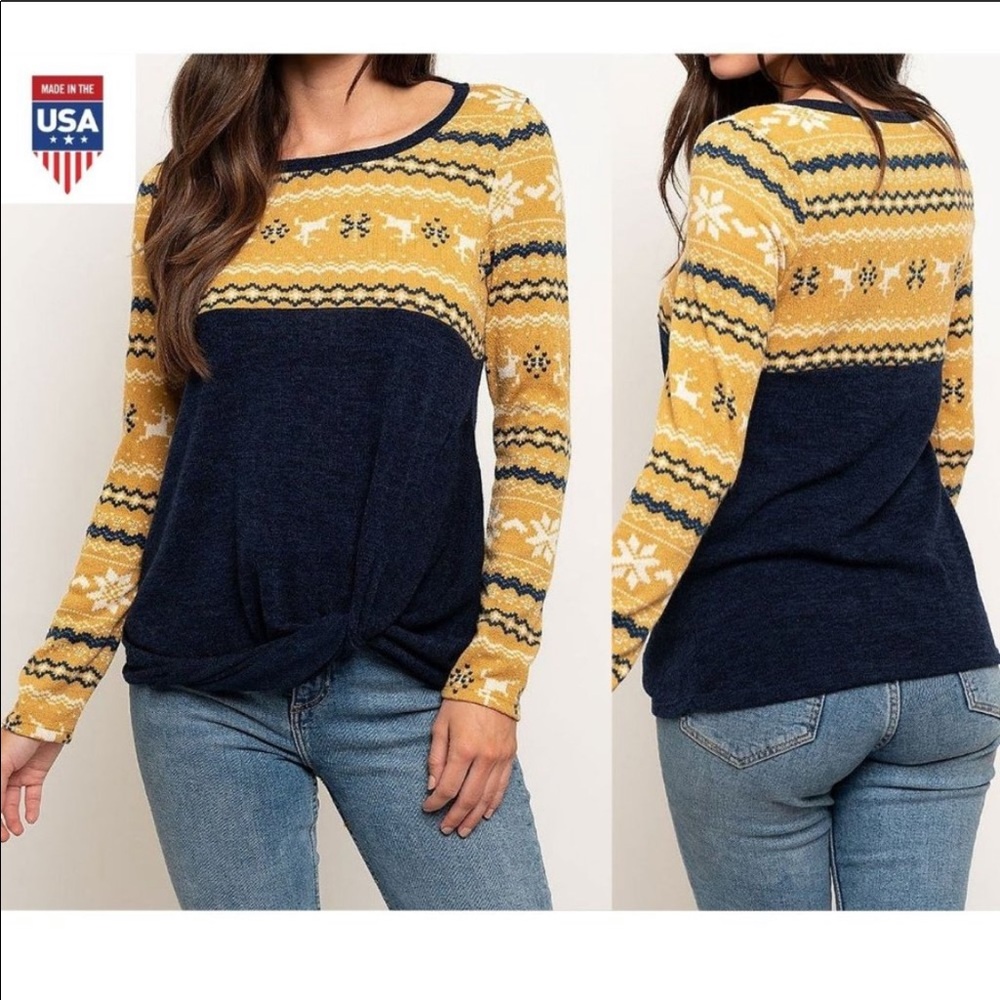 Cutest💙Navy+golden mixed print sweater w/gr8 show